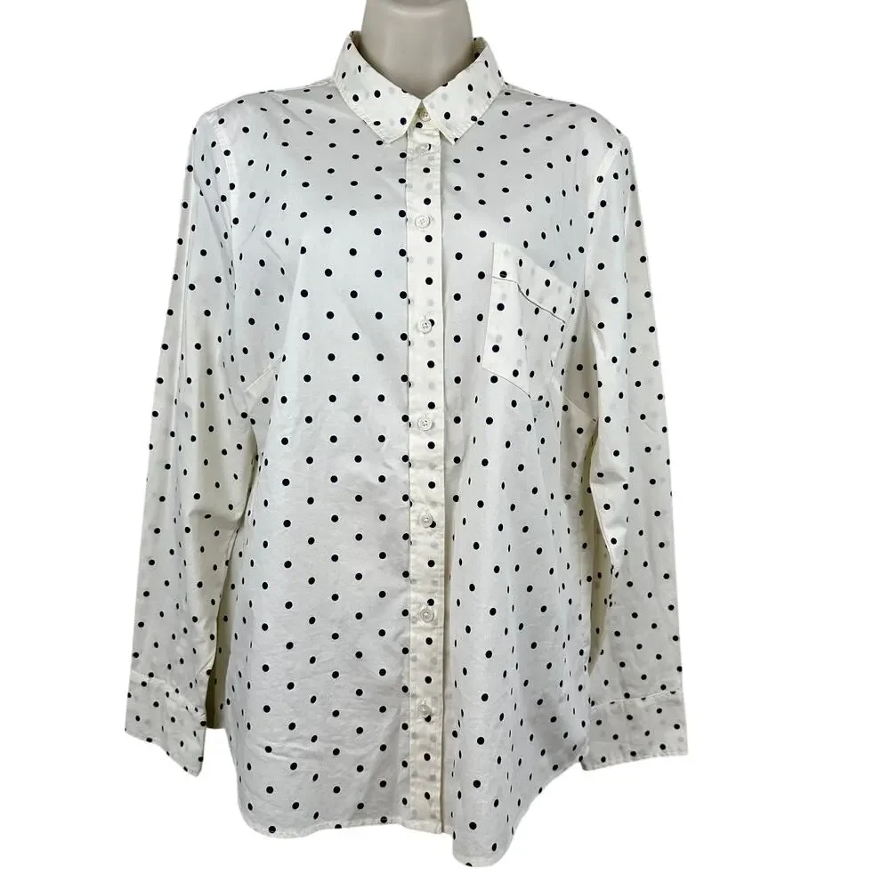 NEW J. Crew Blouse Top Button Front Polka Dot Cream Navy Large Preppy Office
